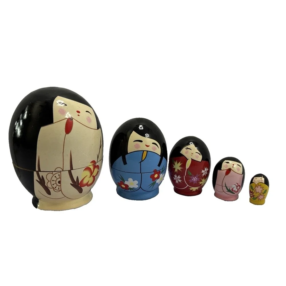 Vtg‎ Kawaii Kokeshi Nesting Dolls 6 Pieces Gift Japan Lotus Flower 4 In